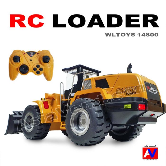 back view of WLTOYS 14800 RC LOADER yellow with transmitter